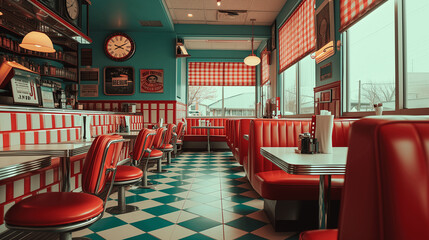 Retro-Styled Diner with Red Gingham Accents and Teal Walls