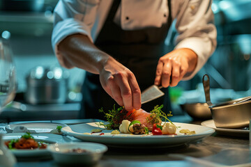 chef prepares a gourmet dish in the style of Australian tonalism, luxurious fabrics