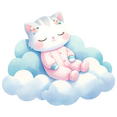 Obraz na płótnie Canvas Cute Cat Sleeping on the Cloud, Watercolor, Happy Animal For Baby Newborn, Isolated on Transparent Background. Generative AI