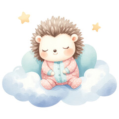 Cute Hedgehog Sleeping on the Cloud, Watercolor, Happy Animal For Baby Newborn, Isolated on Transparent Background. Generative AI