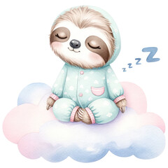 Fototapeta premium Cute Sloth Sleeping on the Cloud, Watercolor, Happy Animal For Baby Newborn, Isolated on Transparent Background. Generative AI