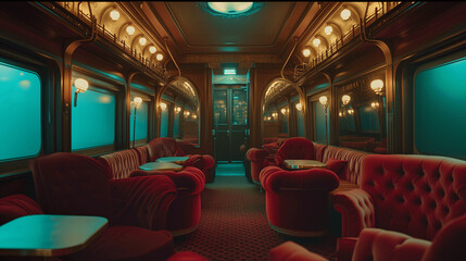 Luxurious Vintage Train Lounge with Plush Red Armchairs