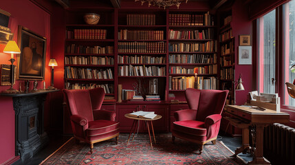 Fototapeta na wymiar Victorian Study Room with Red Walls and Antique Furnishings