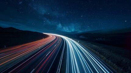 The remote road is transformed into a magical journey through the stars thanks to the dramatic and captivating light trails left in the wake of ping cars. - obrazy, fototapety, plakaty