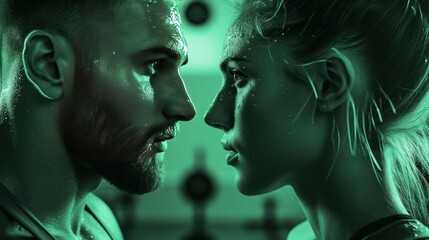 a minimal and elegant modern ad of fitness and wellness, the image include vivid green and white accent, the image is about a portrait close up of a couple face to face - obrazy, fototapety, plakaty