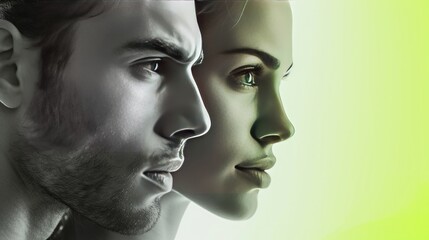 a minimal and elegant modern ad of fitness and wellness, the image include vivid green and white accent, the image is about a portrait close up of a couple face to face