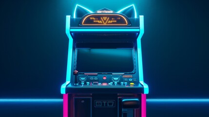 A retro style arcade with a futuristic feel, front view,a hard plastic casing, matte texture, high-definition large screen, mechanical buttons, rubber joystick, simple and fashionable