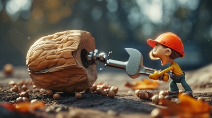 A tiny but mighty wrench manages to turn a giant and stubborn nut while its competitors look on in amazement in a whimsical cartoon scene. - obrazy, fototapety, plakaty