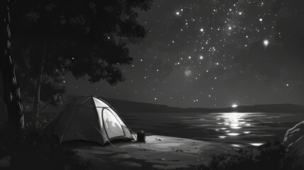 Camping tent on the beach with night sky and stars in 2D game art style, photographic detail portrait, detailed character illustration, romantic river scene, monochrome landscape, tropical symbolism 