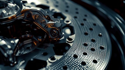With a closeup shot the camera captures the intricate patterns and shapes on the surface of the brake caliper adding depth and texture to the shot.
