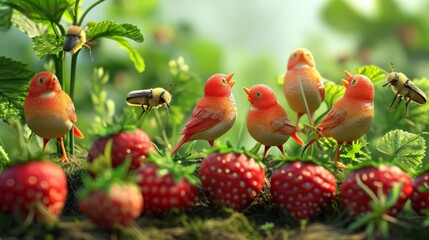 Cartoon scene of Lilliputian Garden Picnic A tiny bird choir sings a sweet serenade as a group of beetles march in with strawberries for an impromptu picnic concert. - obrazy, fototapety, plakaty