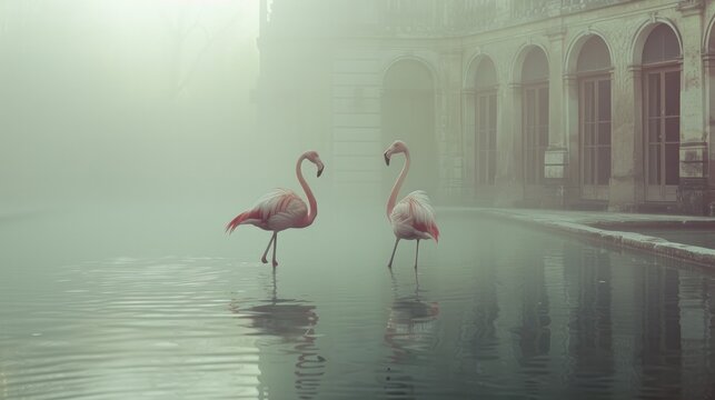 Fine Art photography of Two flamingos stand in a swimming pool in the garden of a grand house. It's in the middle of winter, on a misty morning where the sun's rays are just breaking through