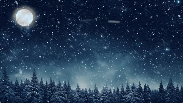 Falling Snow Overlay Background. dark background with fir trees in snofall. winter christmas background. seamless looping overlay 4k virtual video animation background 