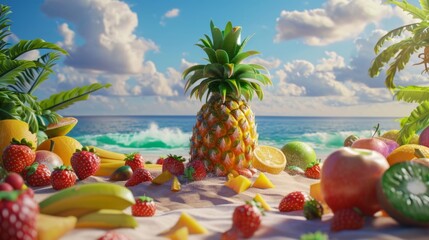 In a clic life imitates art moment a pineapple hula hoops right on top of a painting of a tropical beach surrounded by other fruits basking in the sun and having a blast. - obrazy, fototapety, plakaty