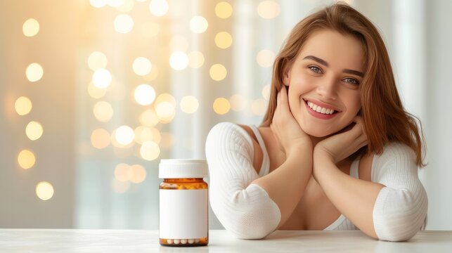 hyper realistic image of a young happy bright beautiful woman, bright background, table in front of the woman is a transparent supplement bottle with an empty white label on the center 