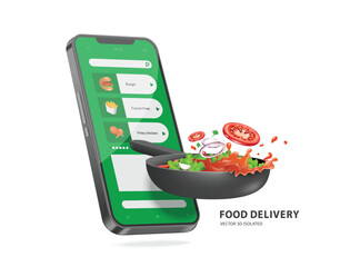 Stir the food on pan and flip the food. background is smartphone screen with a food delivery ordering application template, vector 3d isolated on white background for e commerce, delivery concept