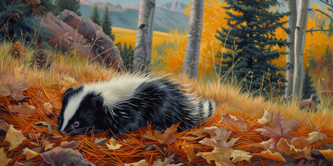 painting of a baby skunk lying on the autumn forest floor covered with faded orange pine needles and dead leaves, generative AI - obrazy, fototapety, plakaty