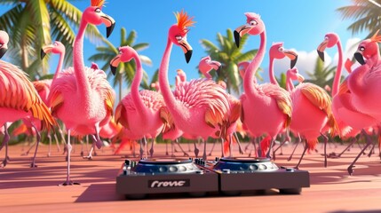 Cartoon scene of a flamboyant fiesta with a DJ flamingo spinning tunes while all the other birds form a conga line led by the fluffiest pink flamingo youve ever