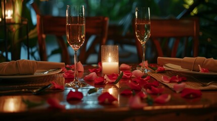 Fototapeta na wymiar Rustic elegant restaurant table with a romantic dinner with two courses and with glasses of champagne and hyperrealistic rose petals 8k 