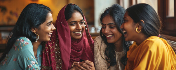 A group of Indian woman talking and laughing together - obrazy, fototapety, plakaty