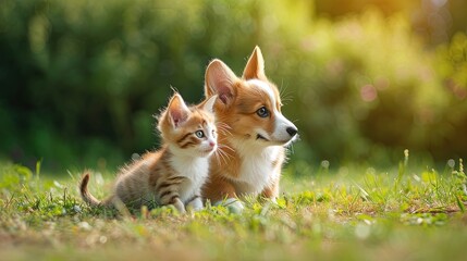 cute corgi puppy and fluffy red kitten are sitting on the lawn and looking in the same direction in the rays of the sun. advertising of goods for animals, pet food, online store