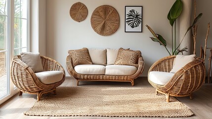 Interior design living room with a wicker rattan sofa with soft pillows. Two quality rattan armchairs in boho style. Neutral color tone interior design concept