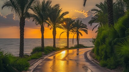 winding road between palm trees, palm trees on the edge of the tree towards the sea, sunset, reflections after the rain, real photo