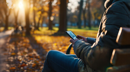 Person hält Smartphone in beiden Händen sitzend Ausschnitt vom Schoss auf einer Bank oder Sofa Generative AI - obrazy, fototapety, plakaty