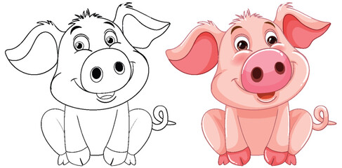 Two smiling pigs in black and white and color