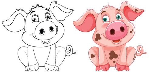Vector illustration of a pig, black and white to color