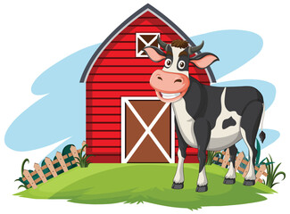 Cartoon cow smiling outside a classic red barn