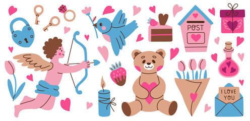 Valentine's day vector hand drawn elements set. Gift, heart, dessert, floral bouquets, candy, bear and other decoration.