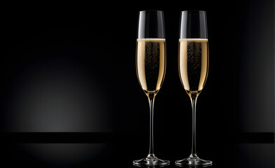 Two champagne glasses on a simple black background, Valentine's Day, Christmas. Generative AI
