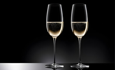 Two champagne glasses on a simple black background, Valentine's Day, Christmas. Generative AI