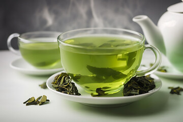 Green tea in cup and teapot on white table, Closeup, Generative AI