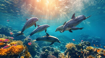 Dolphin group swimming in lively underwater light as the surface of the water glows, Generative AI.