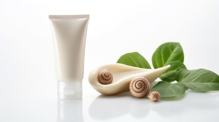 Snails and tube cosmetic with snail mucin cream skin care. Mock-up. Beauty natural anti-aging cosmetic, repair skincare product, organic cosmetics based on snail slime
