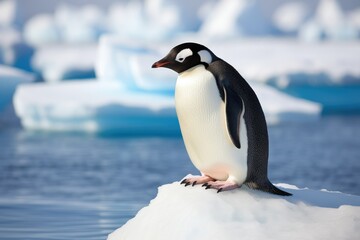 Penguin on ice floe Antarctic, penguin float on the ice floe in the Southern Ocean in Antarctica in search of food, The effects of global warming Ai generated