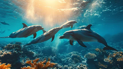Fotobehang Dolphin group swimming in lively underwater light as the surface of the water glows, Generative AI. © Our Scrapbook