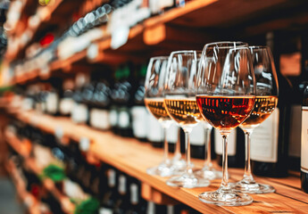 Row of Rose Wine Glasses on Bar Counter. - obrazy, fototapety, plakaty