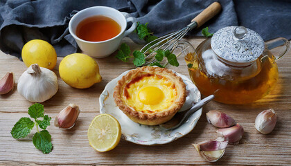 Cooking concept; egg tart and tea in a glass teapot, lemon, garlic and mint on a wooden background, top view