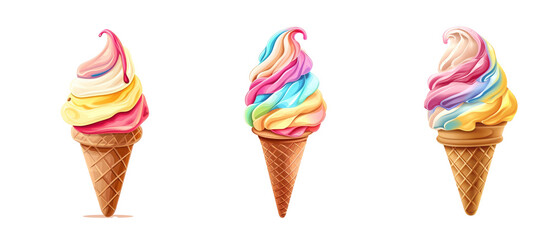 Isolated Ice Cream Cone with Cream, Strawberry, Chocolate, and Vanilla Flavors on a White Background - Vector Illustration
