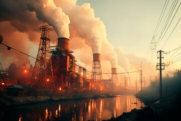 Industrial pollution at power plants, depicted through smokestacks. The stunning sunset background adds visual interest to the image. Involves potential environmental impacts