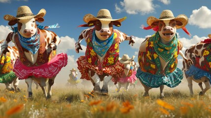 Three moosicians get it in straw hats and bandanas serenade a group of cows dressed in colorful skirts and vests. Some cows cant help but bust a move while others shyly sway - obrazy, fototapety, plakaty