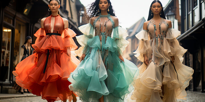 A group of supermodels in maximalist dresses with sheer details flying through the air in a future Earth with a pastel moon theme
