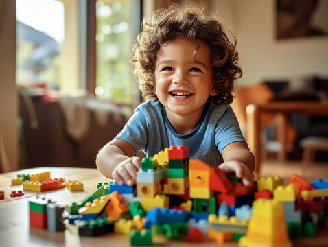 Child boy playing lego. Creating a world wonder with imagine. Generative Ai.