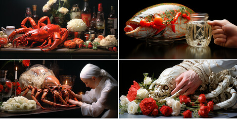 Unique and visually stunning seafood dishes. Exquisite attention to detail in every dish. ​​​Original and fantastic presentation. Unconventional and intriguing anatomical design. - obrazy, fototapety, plakaty