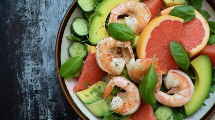 Fresh shrimp salad with avocado and grapefruit slices on a marble table.