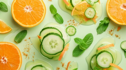 Sliced oranges, cucumbers, and mint leaves artistically arranged on a green backdrop.