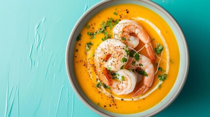 Prawns in pumpkin cream soup in a yellow bowl against a turquoise background.